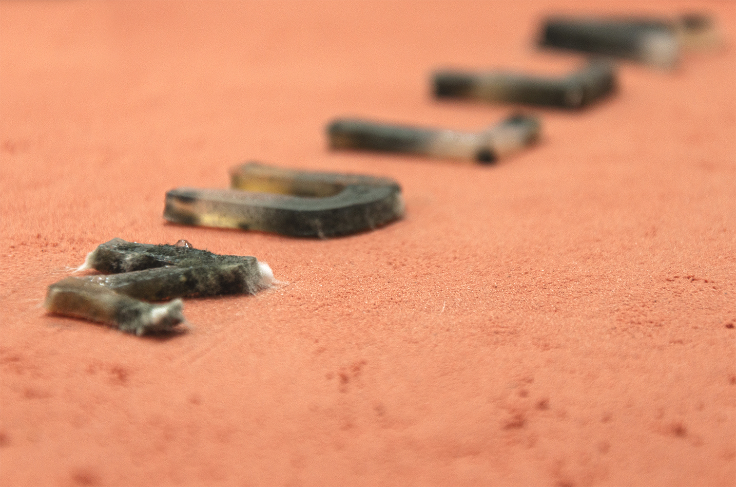 A site-specific installation with letters made with agar on top of red molding sand