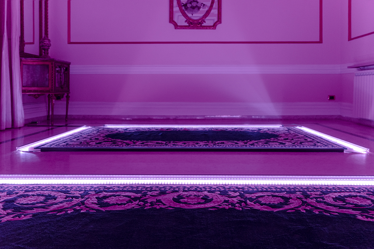 LED lights for indoor cultivation are placed along the edges of the Islamic rugs